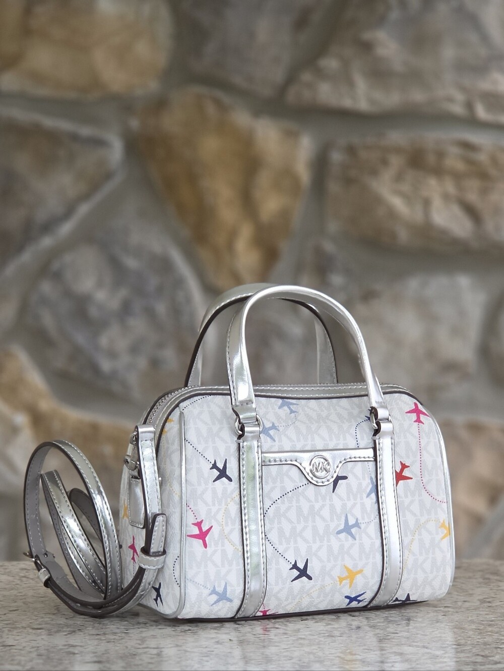Michael Kors Small Airplane Logo Duffle White Crossbody